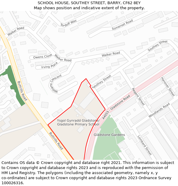 SCHOOL HOUSE, SOUTHEY STREET, BARRY, CF62 8EY: Location map and indicative extent of plot
