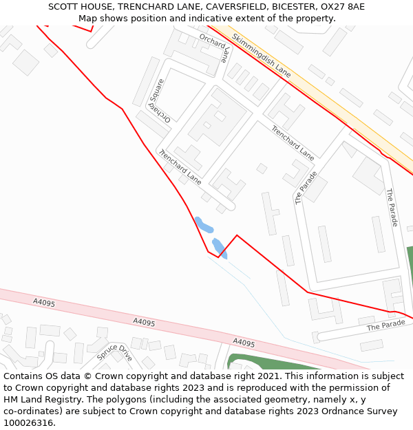 SCOTT HOUSE, TRENCHARD LANE, CAVERSFIELD, BICESTER, OX27 8AE: Location map and indicative extent of plot