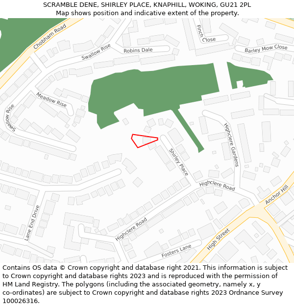 SCRAMBLE DENE, SHIRLEY PLACE, KNAPHILL, WOKING, GU21 2PL: Location map and indicative extent of plot