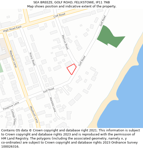 SEA BREEZE, GOLF ROAD, FELIXSTOWE, IP11 7NB: Location map and indicative extent of plot