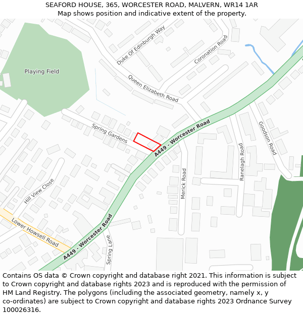 SEAFORD HOUSE, 365, WORCESTER ROAD, MALVERN, WR14 1AR: Location map and indicative extent of plot