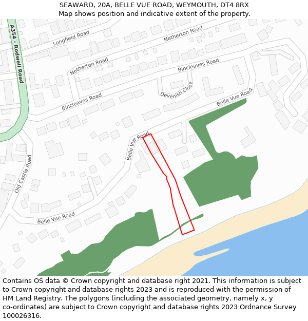 SEAWARD, 20A, BELLE VUE ROAD, WEYMOUTH, DT4 8RX: Location map and indicative extent of plot