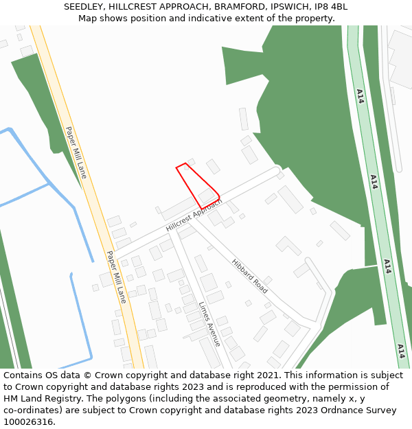SEEDLEY, HILLCREST APPROACH, BRAMFORD, IPSWICH, IP8 4BL: Location map and indicative extent of plot