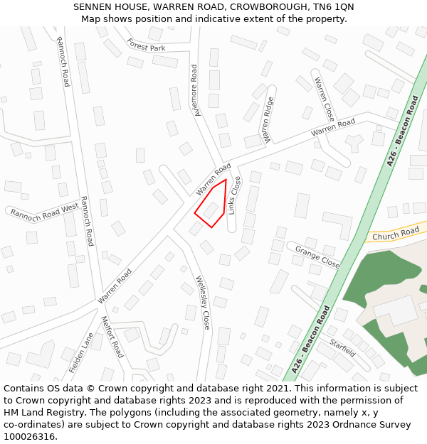 SENNEN HOUSE, WARREN ROAD, CROWBOROUGH, TN6 1QN: Location map and indicative extent of plot