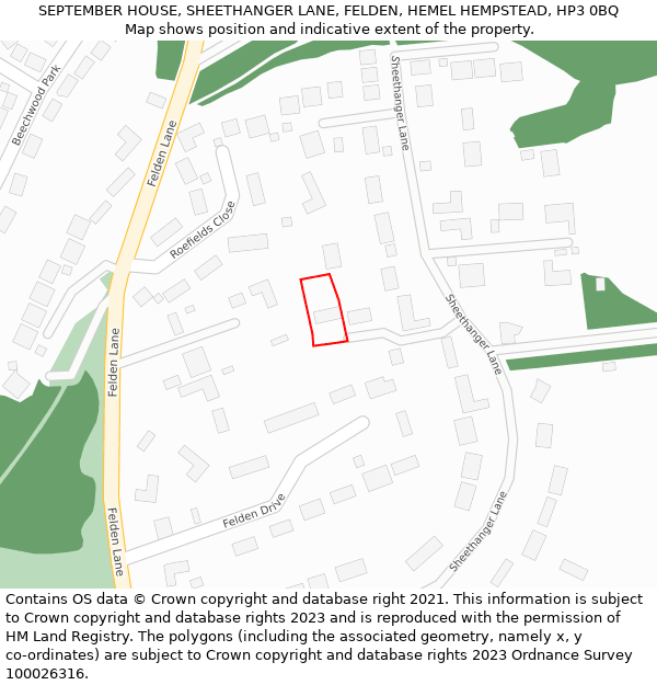 SEPTEMBER HOUSE, SHEETHANGER LANE, FELDEN, HEMEL HEMPSTEAD, HP3 0BQ: Location map and indicative extent of plot