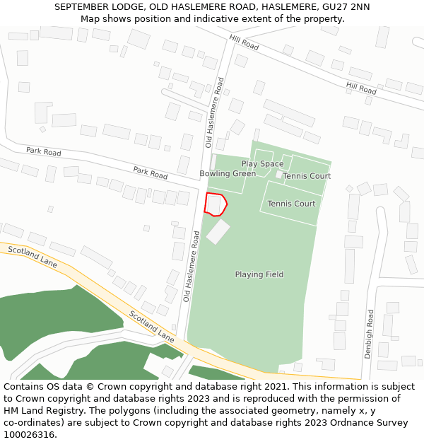 SEPTEMBER LODGE, OLD HASLEMERE ROAD, HASLEMERE, GU27 2NN: Location map and indicative extent of plot