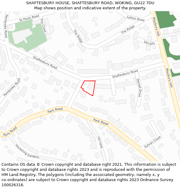 SHAFTESBURY HOUSE, SHAFTESBURY ROAD, WOKING, GU22 7DU: Location map and indicative extent of plot