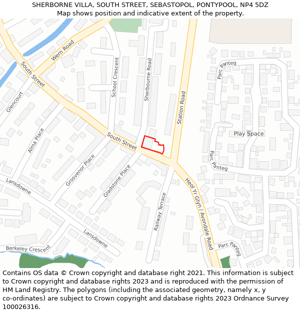 SHERBORNE VILLA, SOUTH STREET, SEBASTOPOL, PONTYPOOL, NP4 5DZ: Location map and indicative extent of plot