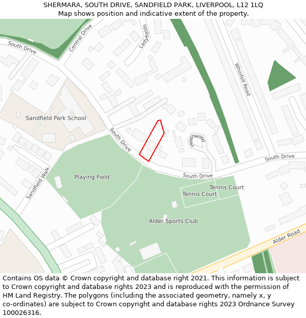 SHERMARA, SOUTH DRIVE, SANDFIELD PARK, LIVERPOOL, L12 1LQ: Location map and indicative extent of plot