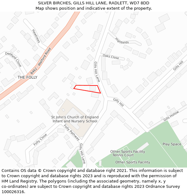 SILVER BIRCHES, GILLS HILL LANE, RADLETT, WD7 8DD: Location map and indicative extent of plot