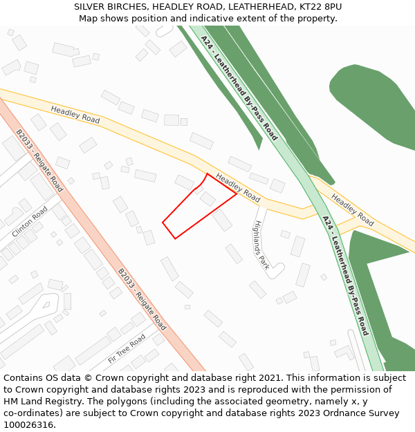 SILVER BIRCHES, HEADLEY ROAD, LEATHERHEAD, KT22 8PU: Location map and indicative extent of plot
