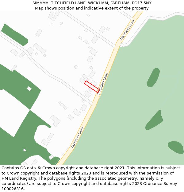 SIMAMA, TITCHFIELD LANE, WICKHAM, FAREHAM, PO17 5NY: Location map and indicative extent of plot