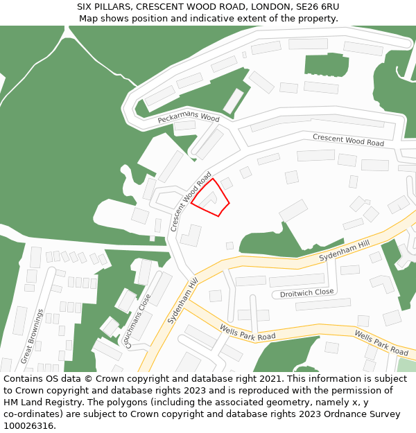 SIX PILLARS, CRESCENT WOOD ROAD, LONDON, SE26 6RU: Location map and indicative extent of plot