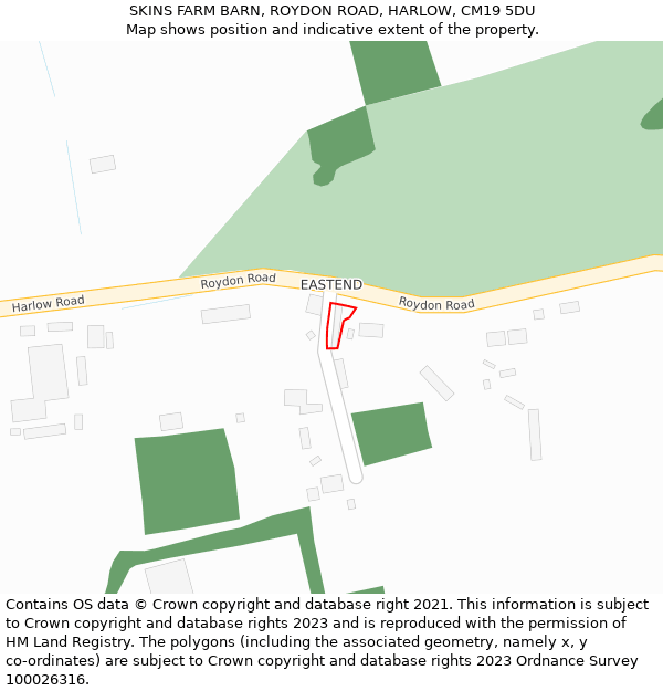 SKINS FARM BARN, ROYDON ROAD, HARLOW, CM19 5DU: Location map and indicative extent of plot
