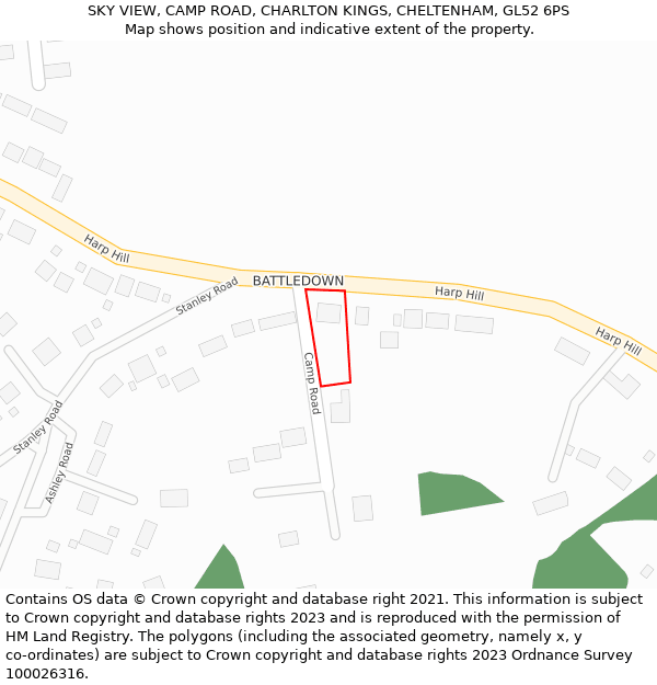 SKY VIEW, CAMP ROAD, CHARLTON KINGS, CHELTENHAM, GL52 6PS: Location map and indicative extent of plot