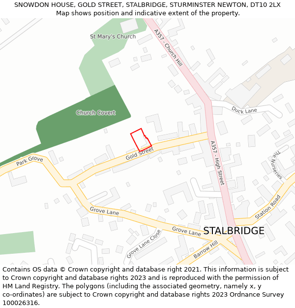 SNOWDON HOUSE, GOLD STREET, STALBRIDGE, STURMINSTER NEWTON, DT10 2LX: Location map and indicative extent of plot