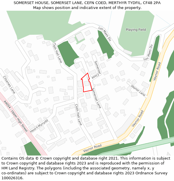 SOMERSET HOUSE, SOMERSET LANE, CEFN COED, MERTHYR TYDFIL, CF48 2PA: Location map and indicative extent of plot