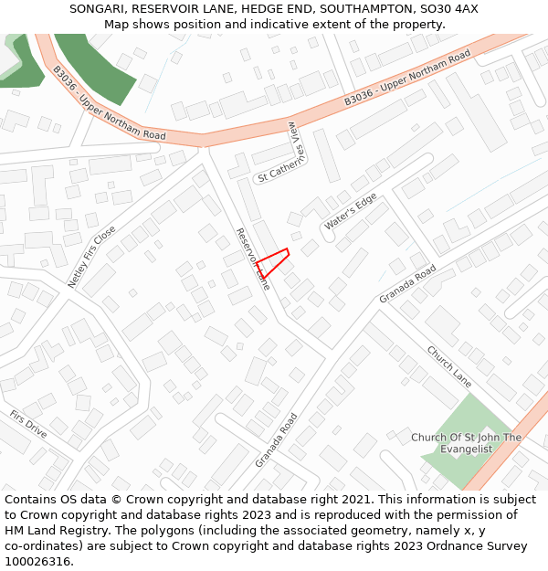 SONGARI, RESERVOIR LANE, HEDGE END, SOUTHAMPTON, SO30 4AX: Location map and indicative extent of plot