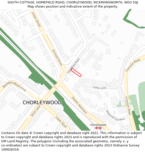 SOUTH COTTAGE, HOMEFIELD ROAD, CHORLEYWOOD, RICKMANSWORTH, WD3 5QJ: Location map and indicative extent of plot