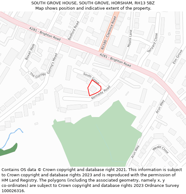 SOUTH GROVE HOUSE, SOUTH GROVE, HORSHAM, RH13 5BZ: Location map and indicative extent of plot