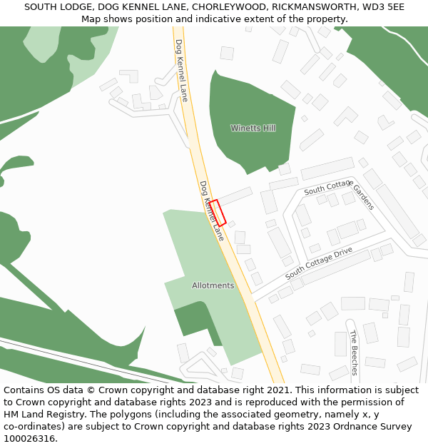 SOUTH LODGE, DOG KENNEL LANE, CHORLEYWOOD, RICKMANSWORTH, WD3 5EE: Location map and indicative extent of plot