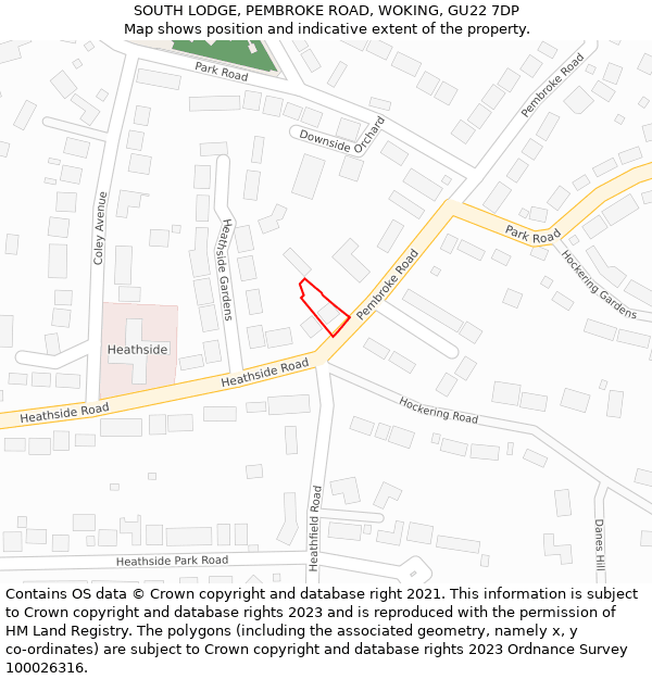 SOUTH LODGE, PEMBROKE ROAD, WOKING, GU22 7DP: Location map and indicative extent of plot