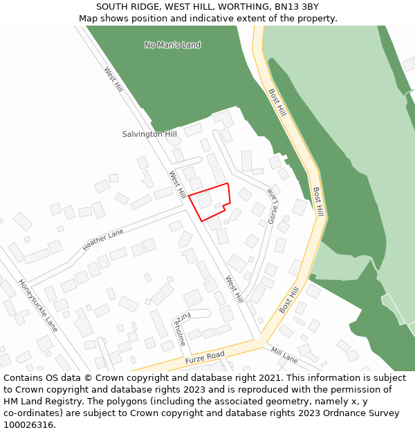 SOUTH RIDGE, WEST HILL, WORTHING, BN13 3BY: Location map and indicative extent of plot