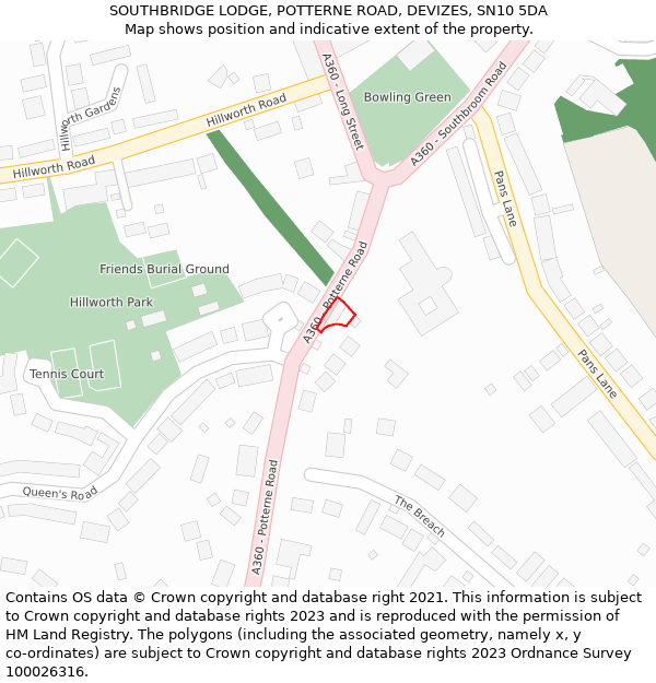 SOUTHBRIDGE LODGE, POTTERNE ROAD, DEVIZES, SN10 5DA: Location map and indicative extent of plot