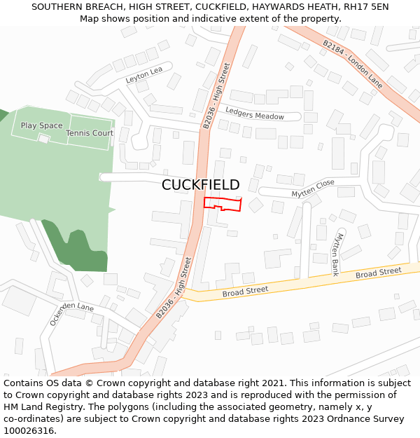 SOUTHERN BREACH, HIGH STREET, CUCKFIELD, HAYWARDS HEATH, RH17 5EN: Location map and indicative extent of plot