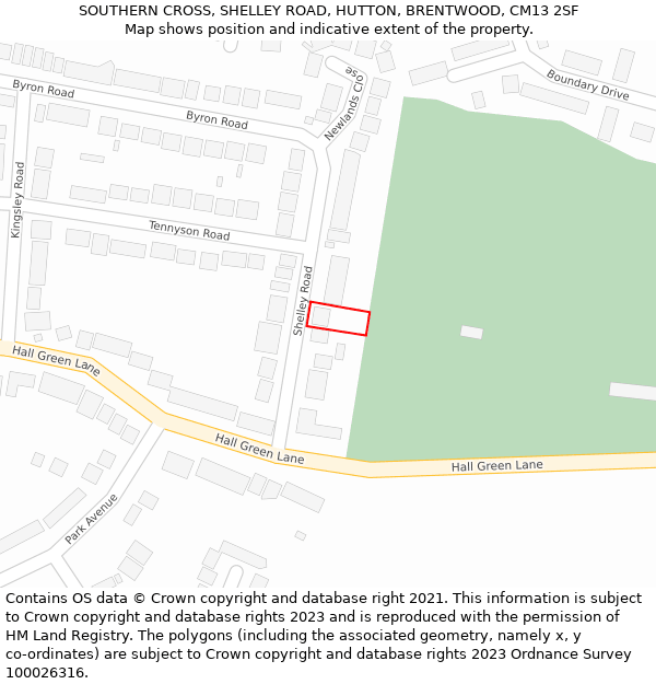 SOUTHERN CROSS, SHELLEY ROAD, HUTTON, BRENTWOOD, CM13 2SF: Location map and indicative extent of plot