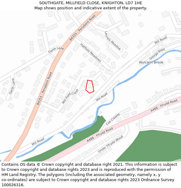 SOUTHGATE, MILLFIELD CLOSE, KNIGHTON, LD7 1HE: Location map and indicative extent of plot