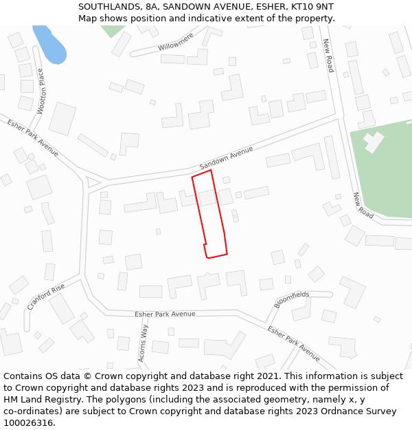 SOUTHLANDS, 8A, SANDOWN AVENUE, ESHER, KT10 9NT: Location map and indicative extent of plot