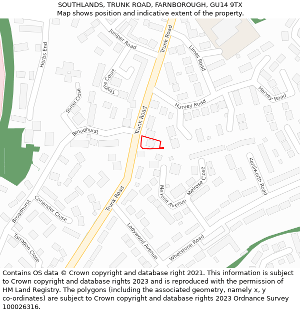 SOUTHLANDS, TRUNK ROAD, FARNBOROUGH, GU14 9TX: Location map and indicative extent of plot