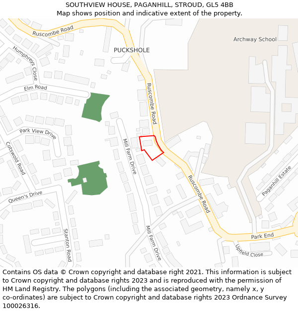 SOUTHVIEW HOUSE, PAGANHILL, STROUD, GL5 4BB: Location map and indicative extent of plot