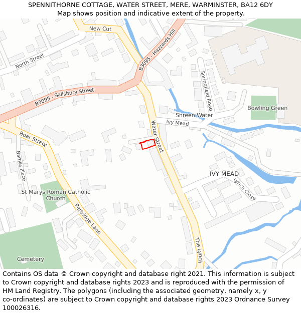 SPENNITHORNE COTTAGE, WATER STREET, MERE, WARMINSTER, BA12 6DY: Location map and indicative extent of plot