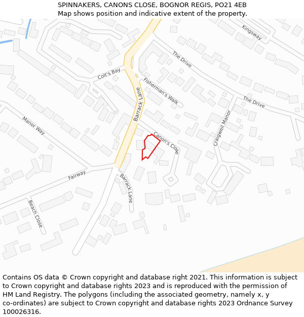 SPINNAKERS, CANONS CLOSE, BOGNOR REGIS, PO21 4EB: Location map and indicative extent of plot