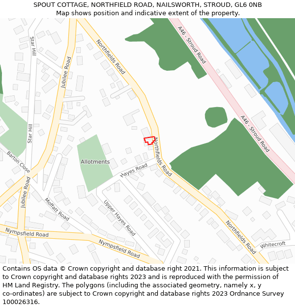 SPOUT COTTAGE, NORTHFIELD ROAD, NAILSWORTH, STROUD, GL6 0NB: Location map and indicative extent of plot
