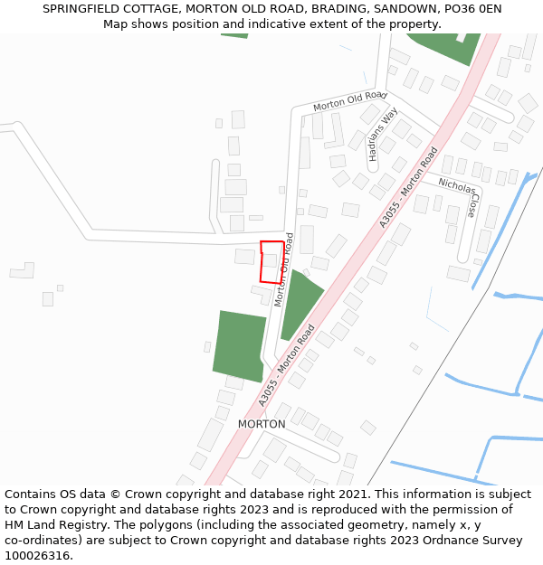 SPRINGFIELD COTTAGE, MORTON OLD ROAD, BRADING, SANDOWN, PO36 0EN: Location map and indicative extent of plot