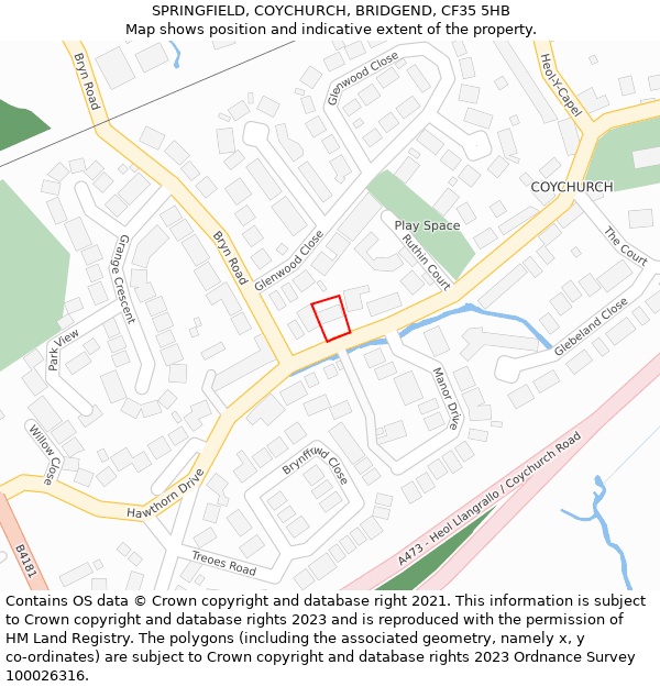SPRINGFIELD, COYCHURCH, BRIDGEND, CF35 5HB: Location map and indicative extent of plot