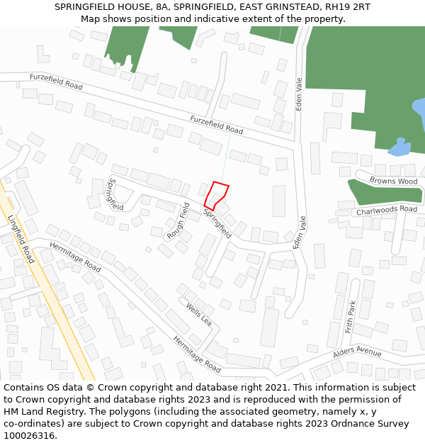 SPRINGFIELD HOUSE, 8A, SPRINGFIELD, EAST GRINSTEAD, RH19 2RT: Location map and indicative extent of plot