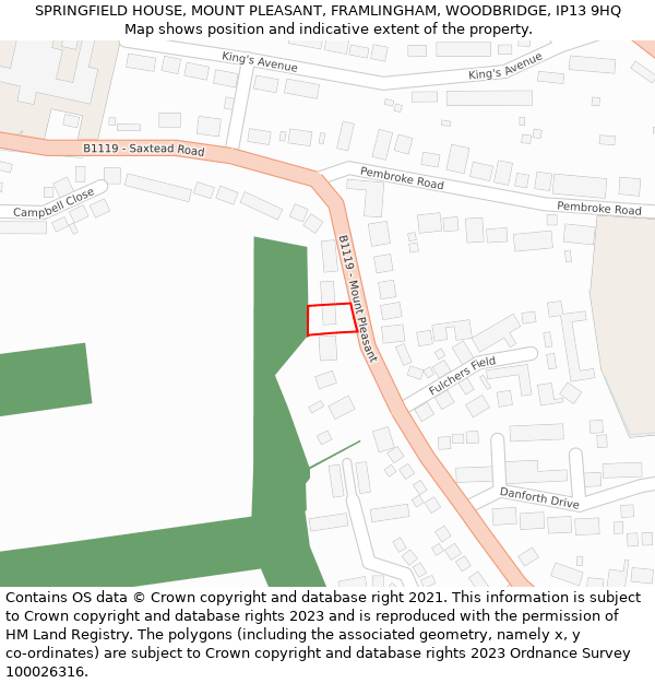 SPRINGFIELD HOUSE, MOUNT PLEASANT, FRAMLINGHAM, WOODBRIDGE, IP13 9HQ: Location map and indicative extent of plot