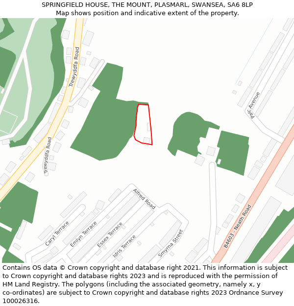 SPRINGFIELD HOUSE, THE MOUNT, PLASMARL, SWANSEA, SA6 8LP: Location map and indicative extent of plot