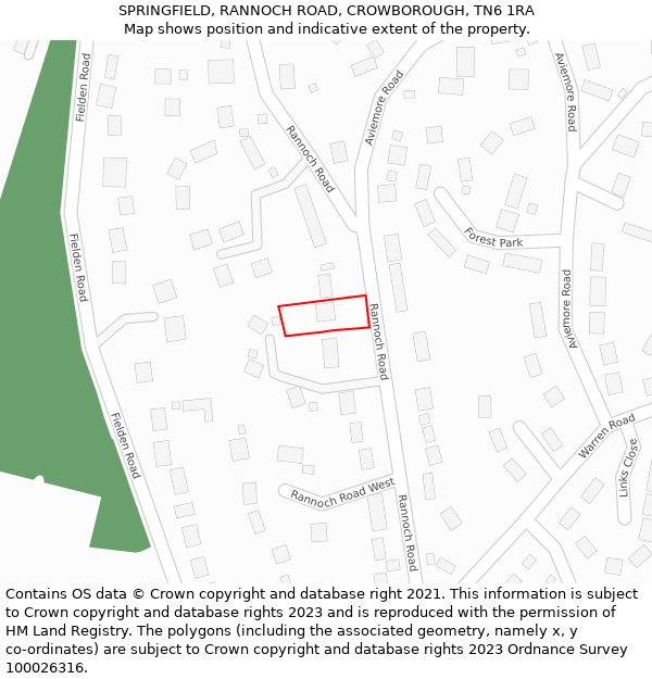 SPRINGFIELD, RANNOCH ROAD, CROWBOROUGH, TN6 1RA: Location map and indicative extent of plot