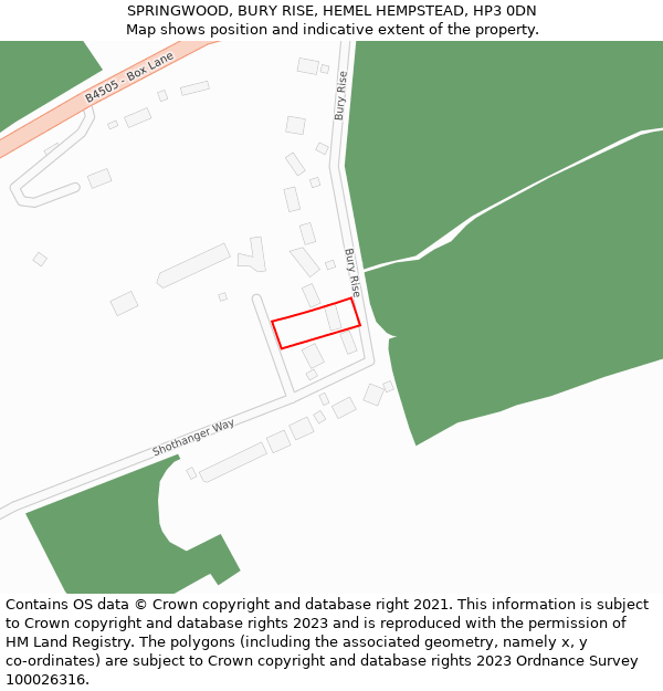 SPRINGWOOD, BURY RISE, HEMEL HEMPSTEAD, HP3 0DN: Location map and indicative extent of plot