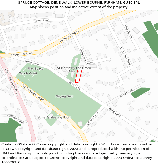 SPRUCE COTTAGE, DENE WALK, LOWER BOURNE, FARNHAM, GU10 3PL: Location map and indicative extent of plot