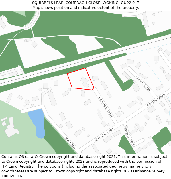 SQUIRRELS LEAP, COMERAGH CLOSE, WOKING, GU22 0LZ: Location map and indicative extent of plot