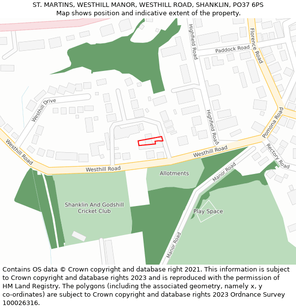 ST. MARTINS, WESTHILL MANOR, WESTHILL ROAD, SHANKLIN, PO37 6PS: Location map and indicative extent of plot