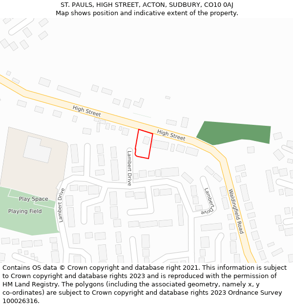 ST. PAULS, HIGH STREET, ACTON, SUDBURY, CO10 0AJ: Location map and indicative extent of plot