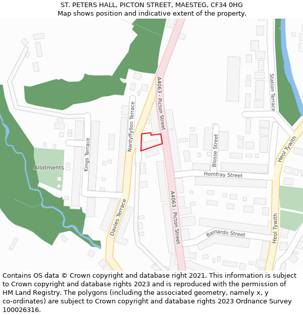 ST. PETERS HALL, PICTON STREET, MAESTEG, CF34 0HG: Location map and indicative extent of plot