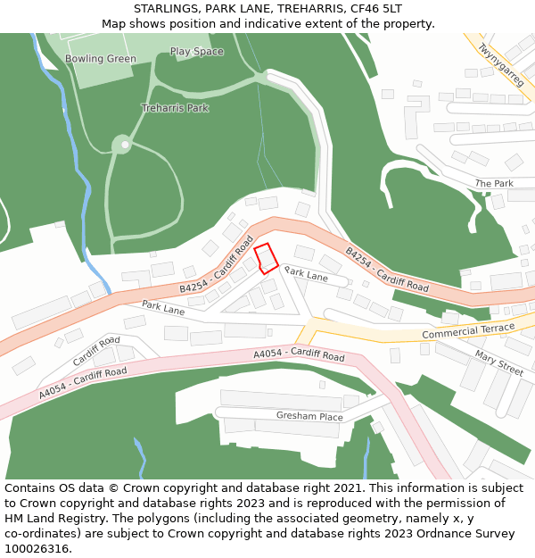 STARLINGS, PARK LANE, TREHARRIS, CF46 5LT: Location map and indicative extent of plot
